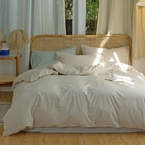 베이지 선염 깅엄 체크 워싱 면 홑겹 이불+매트리스시트+베개 커버 세트 슈퍼 킹 퀸 싱글