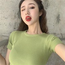봄옷 슬림핏 아보카도 그린 반팔 티셔츠 블라우스 스키니 아이스 니트