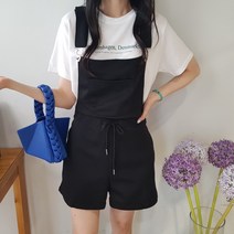 상상그이상 여성용 멜빵 반바지 오버롤 캐주얼 점프수트 반바지 팬츠 허리스트링 포인트 무지 포켓 꾸안꾸룩