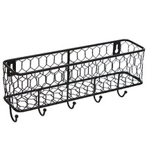MyGift 2 Tier Wall Hanging Metal Chicken Wire Organizer Baskets Entryway Mail Sorter with 5 Key Hoo, 1