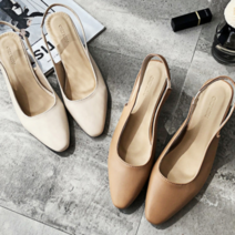 기타브랜드 여성 발편한 가죽 무광 미들힐 통굽 슬링백 구두 6cm