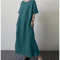 POMTOR 단색 면 마 라운드 롱 원피스
