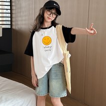 라라키즈 여아 여름 2024년 new summer 옐로우 스마일 큐티 그래픽 반팔 티셔츠 청반바지 세트 COTTON 면 85% 초등생 초중생 중등생 단체복 트레이닝 츄리닝
