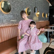해외여름 여아 반팔 코튼 핑크 원피스 a라인 플라워 루즈핏 퍼프 소매 엄마랑딸 커플