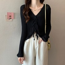 DFMEI 니트 여 시즌 루즈핏 얇은 펀칭 스트링 긴팔에아인스 선블라우스 풀오버