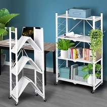 조립 필요없는 이동식 선반 접히는 원터치선반 접이식 수납 트롤리 바퀴달린 수납장 진열대, 4단 - 화이트