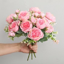 프로포즈꽃장식 리마인드웨딩 세미 스몰 셀프웨딩 스냅사진 30cm 장미 핑크 실크 꽃다발 모란 조화 봉오리 신부 홈, b7