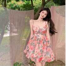 잉코 스트랩 민소매 러블리 플라워 A라인 주름 뷔스티에 원피스