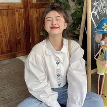 코튼 꽃 자수 카라 오버핏 셔츠 롱 블라우스 여름 하늘하늘 빅사이즈 여성 샤랄라 SY