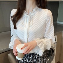 요나걸 여성 상의 블라우스 셔츠 리본타이 스탠드 카라 헤링본 무늬 혼소매 하프 기장 안입은듯 가벼운 스타일 여자긴소매셔츠 + 양말증정