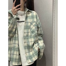 일본계 연두색 체크 디자인감 미니 블라우스