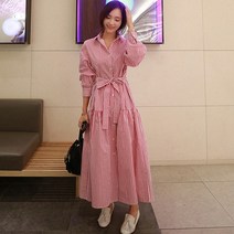 스트라이프 셔츠 긴 팔 꾸안꾸 셔링 롱원피스