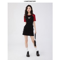 양성이야기 라운드 숄더 컬러 반팔 원피스 여 여름 디자인감 작은 키의 달콤 매콤해 보이는 하이웨이스트 스커트
