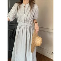 오르네트 여성 스트라이프 반팔 셔츠 롱 원피스 허리끈