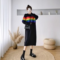 DFMEI 가을 겨울 루즈 무지개 스트라이프 하프 니트 원피스