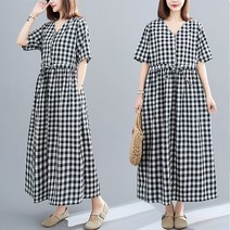여성 봄 여름 A라인 체크 반팔 롱 원피스