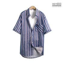 남성 반팔 티킹스트라이프 아사 셔츠 남방 메모리얼네이비