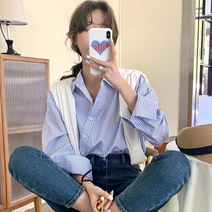 태그 사선 블라우스 스트라이프 셔츠 탑