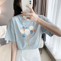 여름티셔츠 여자 면 루즈핏 스팽글 반팔티 여성 반팔 티셔츠 하늘-72394EA