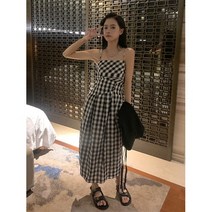 스퀘어넥 고방 체크 롱 원피스 고방체크 자수 단추 밴딩 반팔 루즈핏 A라인 린넨 셔츠