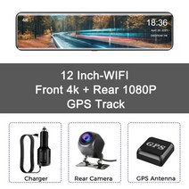 did모니터 OBDPEAK H6 12 quot자동차 DVR 4K 38402160P 대시 캠 와이파이 GPS 415 백미러 1080P 자동차 카메라 비디오 레코더 공원 모니터, Dual LensGPS+No TF Card