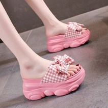 여성 메쉬 체크 왕리본슬리퍼 9cm 키높이 어글리 샌들