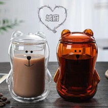 곰돌이 이중 내열 유리컵 홈카페 베어글라스, 투명.갈색