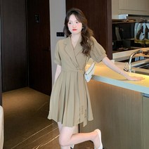 HONGKONG 여름 벌룬소매 허리 스트랩 정장 원피스 여한판 패션 심플 플리츠 스커트 숏스커트