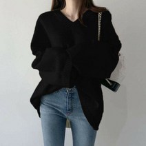 SJW 겨울 여성용 롱 니트티 스웨터 브이넥 기본 오버핏 빅사이즈S~8XL