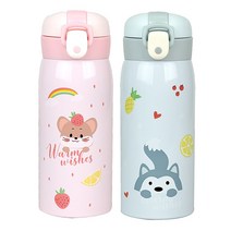 애니멀키즈 텀블러 350ml 2P 원터치 어린이물병, 핑크(햄스터), 그레이(허스키)