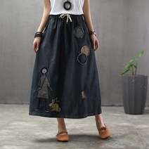 도오빠 포야야 여성 밴딩 롱 청치마 데님 워싱 스커트 빅사이즈 롱스커트 오버핏 빈티지 자수 패치워크 A라인 와이드 치마 중년 여자롱스커트