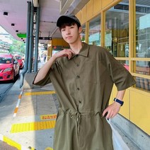 남자점프수트작업복 점프수트유니폼 정비복 남성 여름 점프 슈트 라펠 하프 슬리브 스트레이트 튜브 카키 캐주얼 짧은 루즈 조깅 팬츠