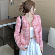 핑크트위드 자켓 체크 여성 노카라 자켓 코디 봄 트위드