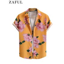 하와이안셔츠 남자 여름 오버핏 ZAFUL-남성용 셔츠 새틴 플로랄 패턴 반팔 블라우스 스탠드 칼라 실키 휴