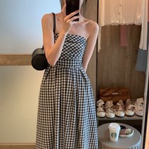 햅번홀리데이 고방 체크 탑 원피스 여름 린넨 오프숄더 플레어 롱 원피스
