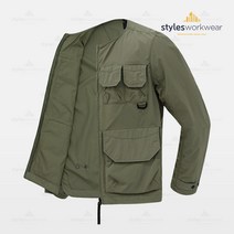 스타일에스 남성 빅사이즈 노카라 라운드넥 멀티포켓 캠핑 필드 자켓 봄 가을 바람막이 점퍼