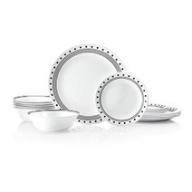 Corelle vitrelle 18 피스 6식기 세트 3중 레이어 유리 및 칩 방지 경량 원형 접시 그릇 흑백, 시티 블록