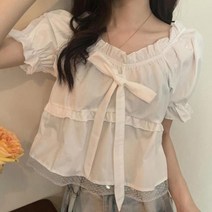 리본 블라우스 타이 스카프 여성 크롭 슬림 디자인 퍼프소매 스타일 узки 캐주얼