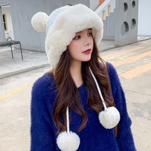 캡 여성 가을 겨울 러블리 방울 풀오버 기모 귀달이 니트 모자