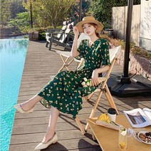 여성 원 피스 브이넥 체리패턴 A라인 스커트 4a9 여자 롱 플라워 긴 샤랄라 여름 편한 반팔 민소매
