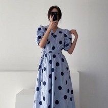 바보사랑 여자 빅 도트 땡땡이 브이넥 리본 랩 퍼프 롱 원피스.옷자락(무료배송)