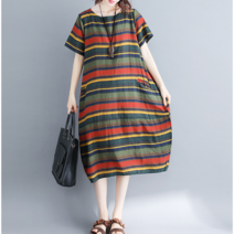 여름 면 마 일자 루즈핏 롱 원피스 캐주얼 인화 드레스 SDS2103082Z