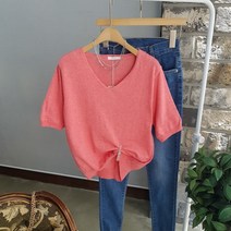 상상그이상 여성용 국내제작 뱀부 라피아 브이넥 반팔니트 포인트 컬러 무지 데일리니트