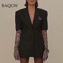 수소수생성기 알칼리여성용 패션 샤이니 재킷 여름 블레이저 긴 다이아몬드 패치 워크 슬리브 오피스, 01 Black_01 S