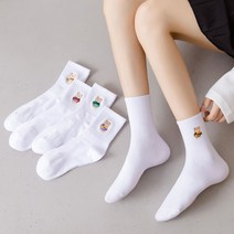 포그니 여성용 곰돌이자수 화이트 중목양말 5종세트