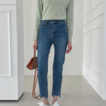 옷자락 여자 스판 슬림 일자 언발컷팅 청 데님 청바지