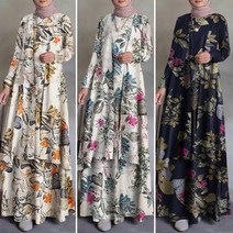 여성 패션 이슬람 카프탄 긴팔 코튼 드레스 꽃 프린트 롱원피스