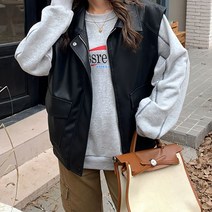 네모엔룩 여성용 비건레더 맥카라 레자 조끼 지퍼 시보리 포켓 블루종 카라넥 인조 가죽 베스트 NL