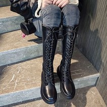 발 편한 여자 부츠 따뜻하고 두꺼운 밑창 무릎 높이 용 탄성 있는 레이스업 하이 튜브 나이트 영국 스타일 지퍼 롱 가을 겨울