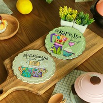 일러스트 액자느낌 도자기 라면 냄비받침대 예쁜, 부엉이 초록